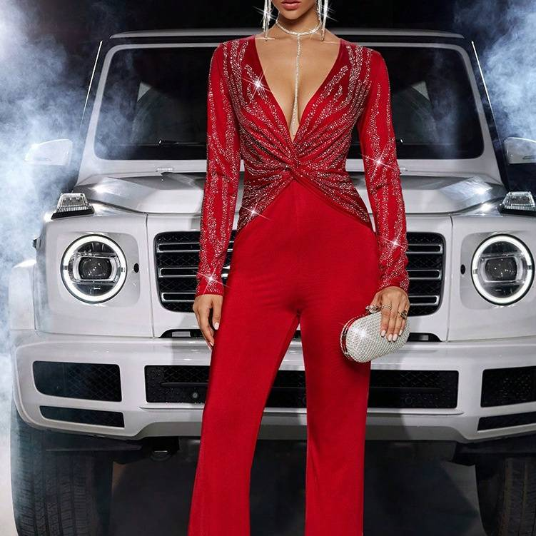 Dametøj Mode Temperament Jumpsuit Paillette Splicing Sexet Slank Lige Jumpsuit_voghion.com