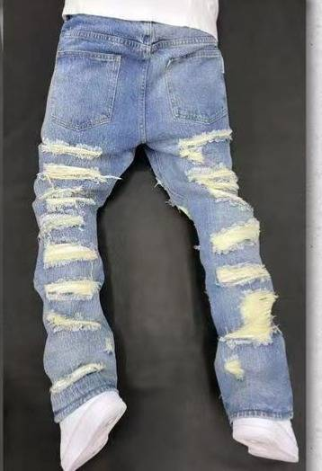Men's Clothing Retro Heavy Industry Damage Erosion Patch Design Jeans High Street Hole Cleanfit Pants_voghion.com