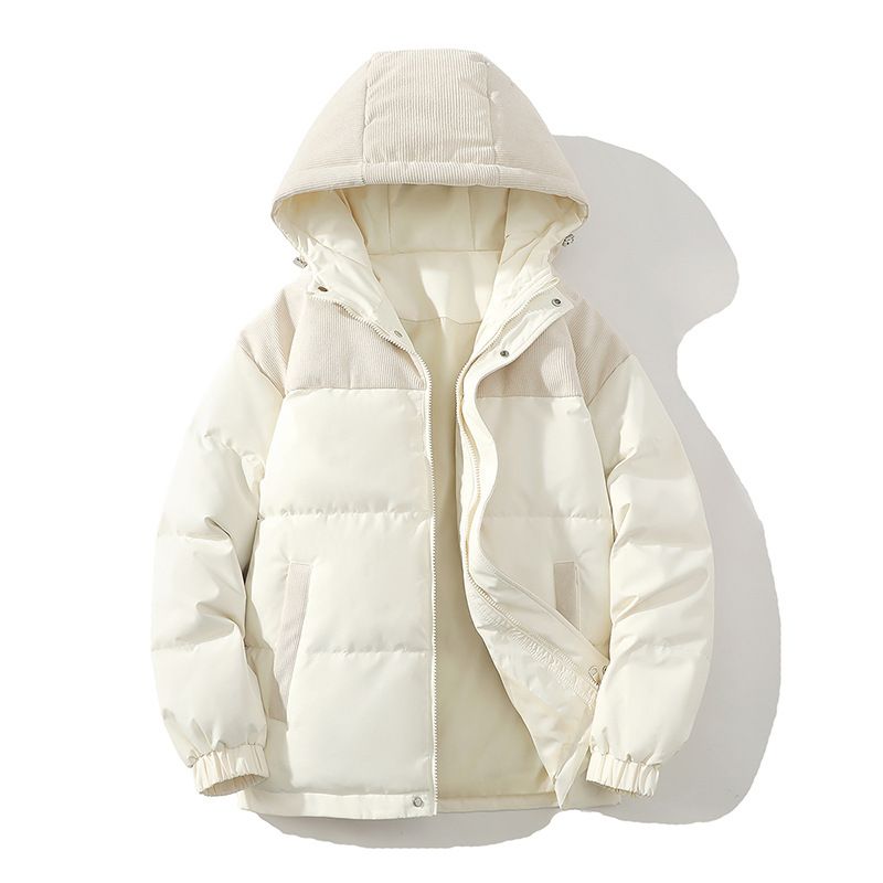 Men's Corduroy Trim Puffer Jacket With Hood - Lightweight Warm Winter Coat, Short Bomber Style, Thickened Down Filling (550FP, 80% White Duck Down)_voghion.com