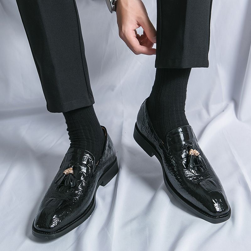 Oversized Slip-on Leather W Fringed Feet Loafers British Men's Crocodile Print Business Casual Bean Shoes_voghion.com