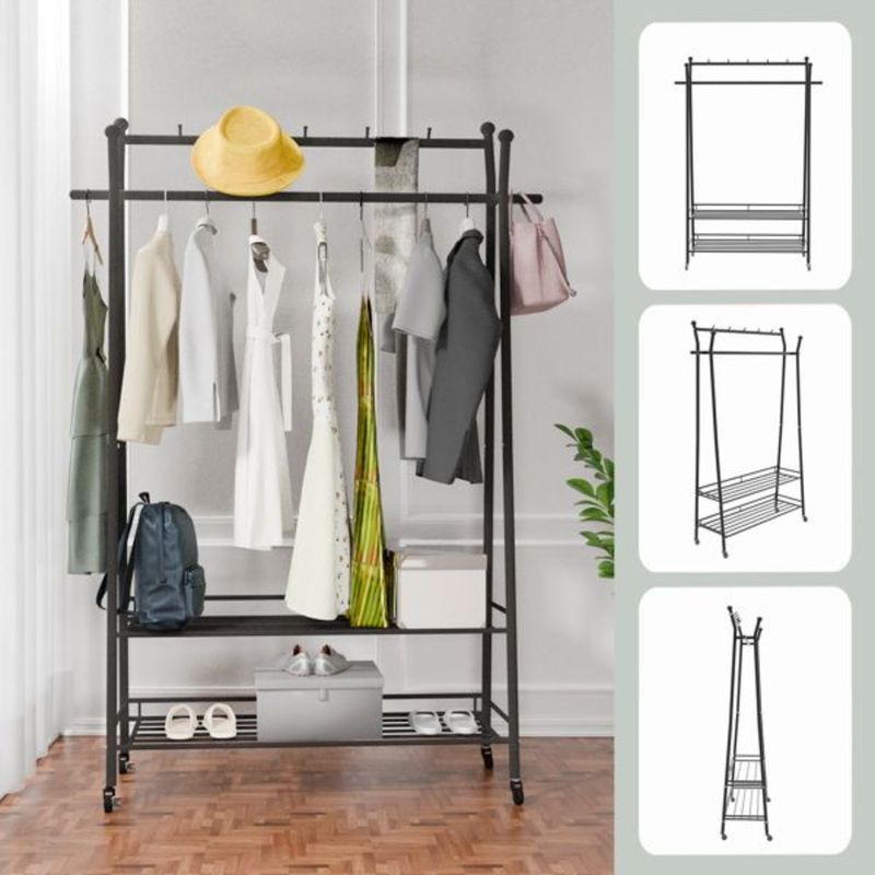 Wheels Bedroom Hanging Garment For Double Rack Rack Multifunctional Layer 1pc With Freestanding Rack Clothes Clothing Clothes_voghion.com