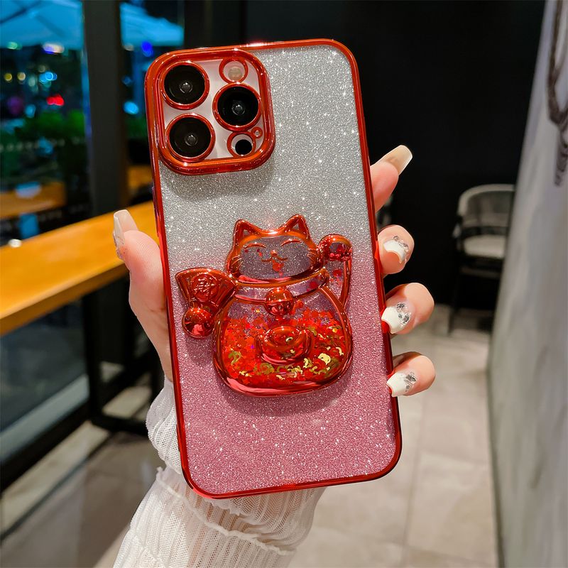 Custodia per telefono Flowing Sand Electroplated Wealth Cat adatta per iPhone 11, 12, 13, 14, 15 Pro Max con pellicola per obiettivo integrata_voghion.com