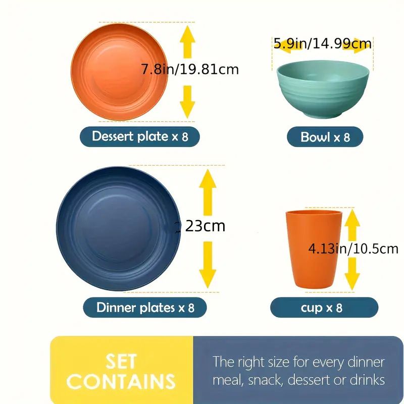 16/32-delad köksservis av vetehalm för kök, servis för 8, middagstallrikar, desserttallrik, spannmålsskålar, koppar, färgglad plast, flerfärgad_voghion.com