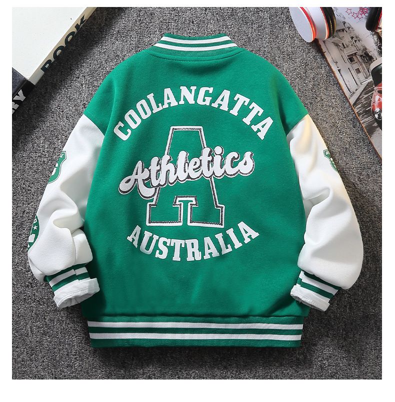 Baseballjacke für Jungen von Mother & Kids für Frühling und Herbst – trendige und hochwertige Oberbekleidung für Kinder von 6–12 Jahren (Schwarz/Grün, Buchstabendruck)_voghion.com