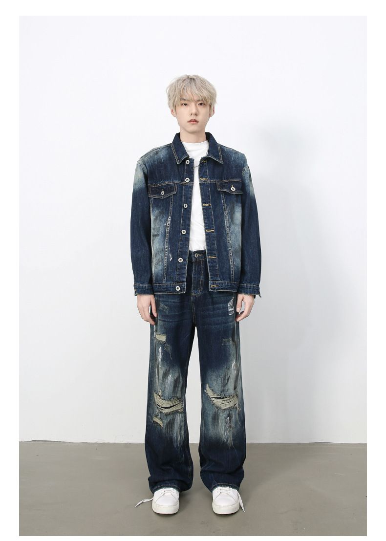 Roupas masculinas retrô jeans desgastado jaqueta lavada solta calças retas_voghion.com