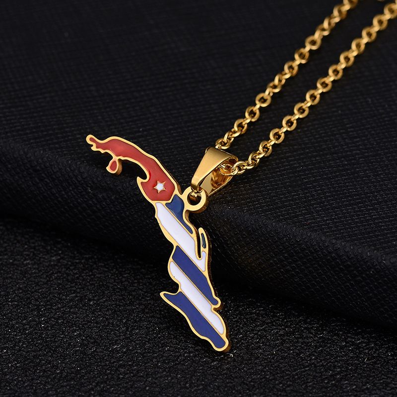 Collana vintage con ciondolo mappa Repubblica di Cuba con gocce d'olio. Catena con clavicola da donna in acciaio inossidabile alla moda_voghion.com