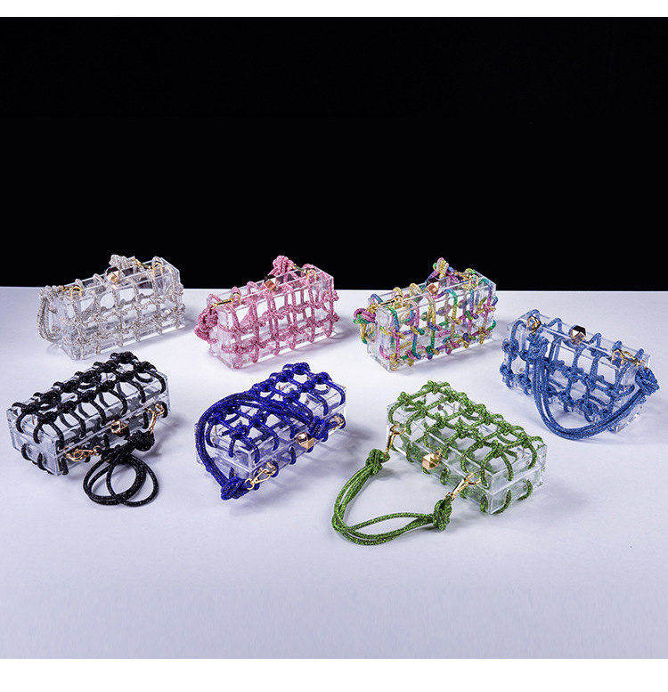 Original Design Diamond Clear Acryl Box Damen Bankett handgewebte Unterarm-Clutch mit Strasssteinen_voghion.com