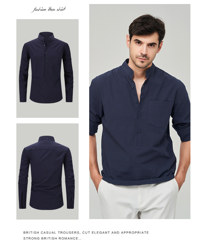 Abbigliamento Uomo Camicia Camicia Henry in cotone da uomo Camicia in lino con collo alto Camicia a maniche lunghe da uomo_voghion.com