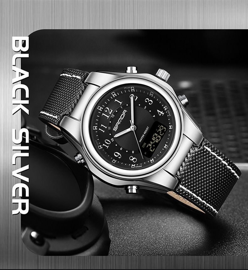Digital-Analog-Armbanduhr für Herren mit Alarm, Stoppuhr, Nachtlicht, 50 m wasserdicht, Armband aus Edelstahl/PU-Leder, rundes Zifferblatt, 48 mm_voghion.com