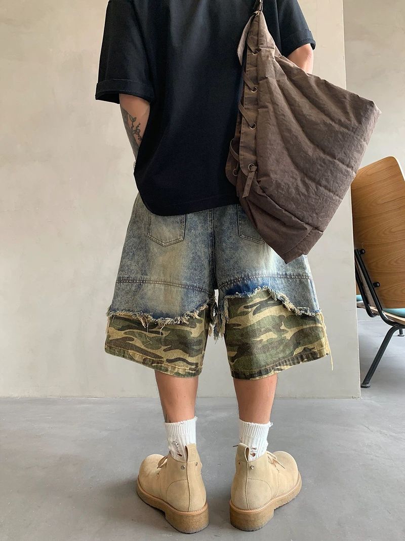Pantaloncini in denim strappati da uomo, stile retrò, larghi e versatili, da strada_voghion.com