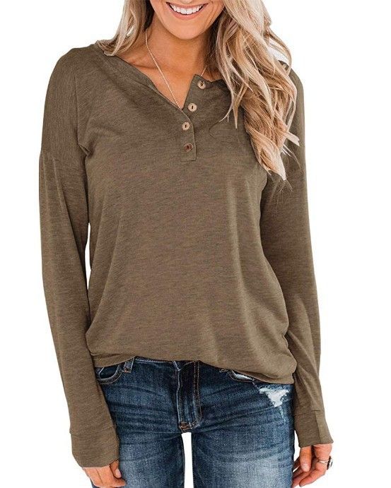 Effen gebreide dames T-shirt met lange mouwen, ronde hals, pullover en knoopsluiting_voghion.com