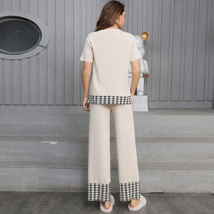 Damenbekleidung Sommer Neue einfache Mode Rundhalsausschnitt Einfarbig Kurzarmoberteile und Hosen Kontrastfarbener Rand Gestrickter Zweiteiliger Anzug_voghion.com