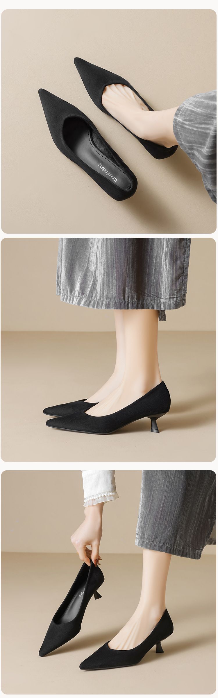 Französischer Katzenabsatz, spitze Einzelschuhe, Damen-Stiletto-Arbeitsschuhe, leichtes Mundtemperament, High Heels, weiche Sohle_voghion.com