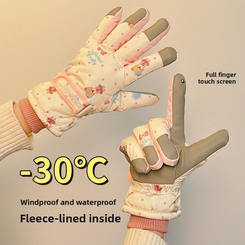 Niedliche Bären-Skihandschuhe für Damen, Winter, Radfahren, warm, mit Fleece gefüttert, verdickt, Touchscreen, wasserdicht, kältebeständig, für den Außenbereich_voghion.com