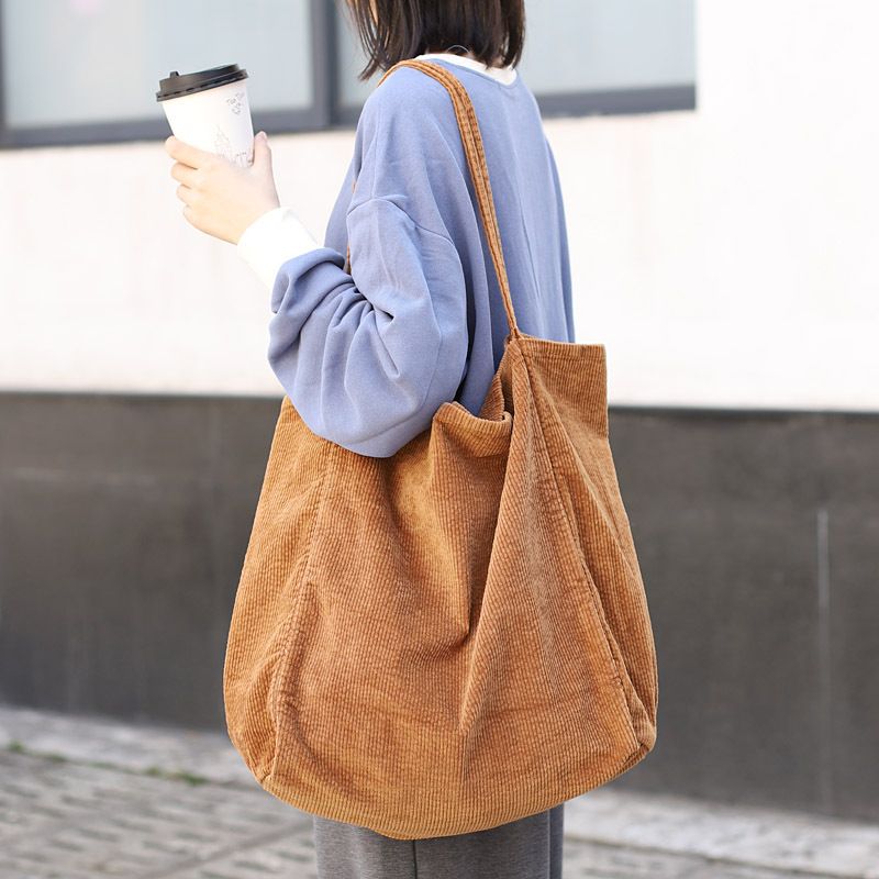 Korean Version Leisure High-capacity Shopping Bag Fashionable Corduroy Canvas Handbag Simple and Retro Artistic Shoulder Bag for Women_voghion.com