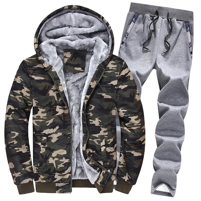 Fleece Men's Tracksuit Hoodie Suit Slim And Thick Warm Camouflage Suit_voghion.com