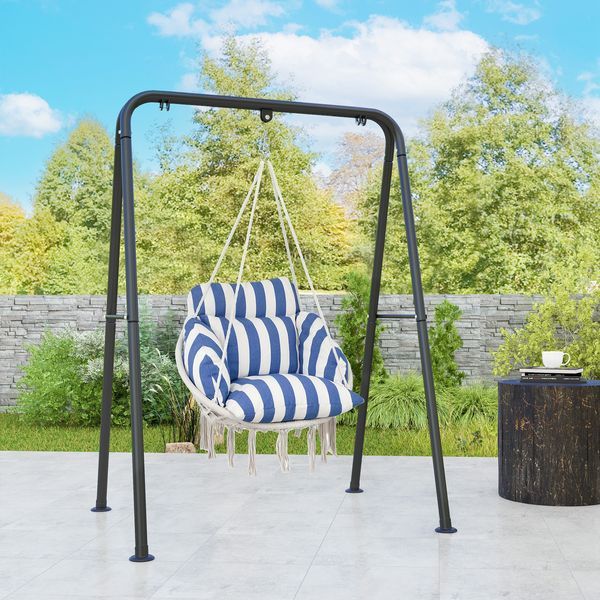 Outsunny Hammock Swing Chair, Macrame Hanging Chair With Large Cushion, Chain, Steel Frame For Indoor Outdoor Use, Blue And White_voghion.com