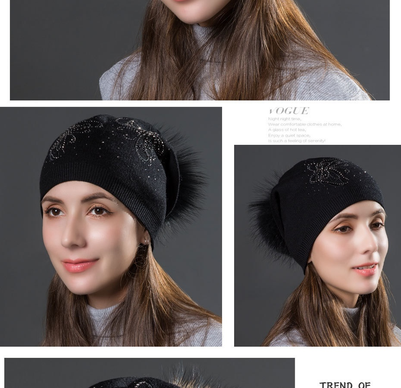 Women's Winter Fur Raccoon Ball Warm Hot Diamond Hollow Butterfly Knitted Versatile Fashion Pullover Hat_voghion.com