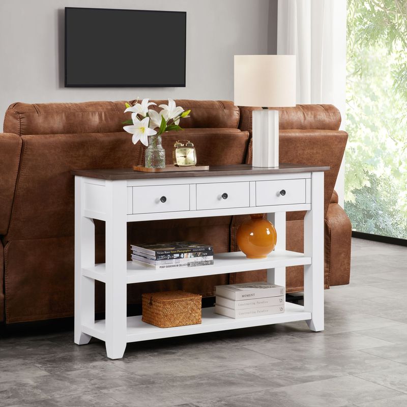 Retro Design Console Table With Two Open Shelves, Pine Solid Wood Frame And Legs For Living Room_voghion.com