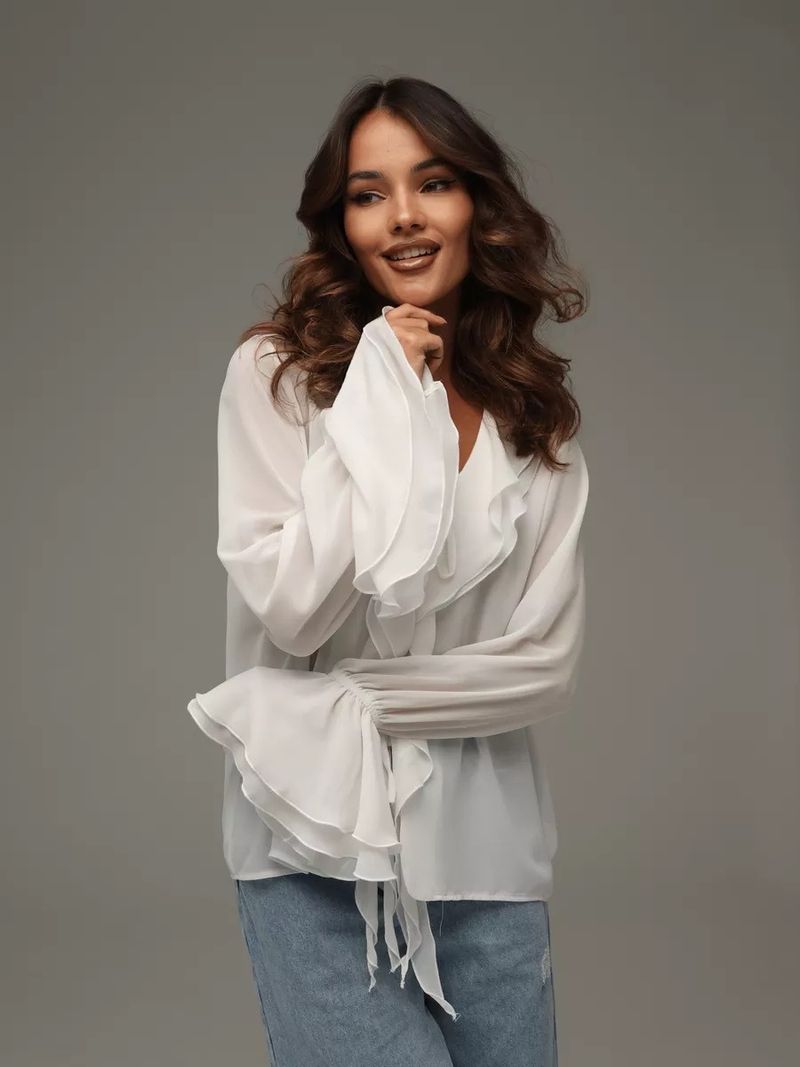 Frühling Damen Neue Mode Rüschen Langarm V-Ausschnitt Krawatte Vielseitige Hemdbluse_voghion.com