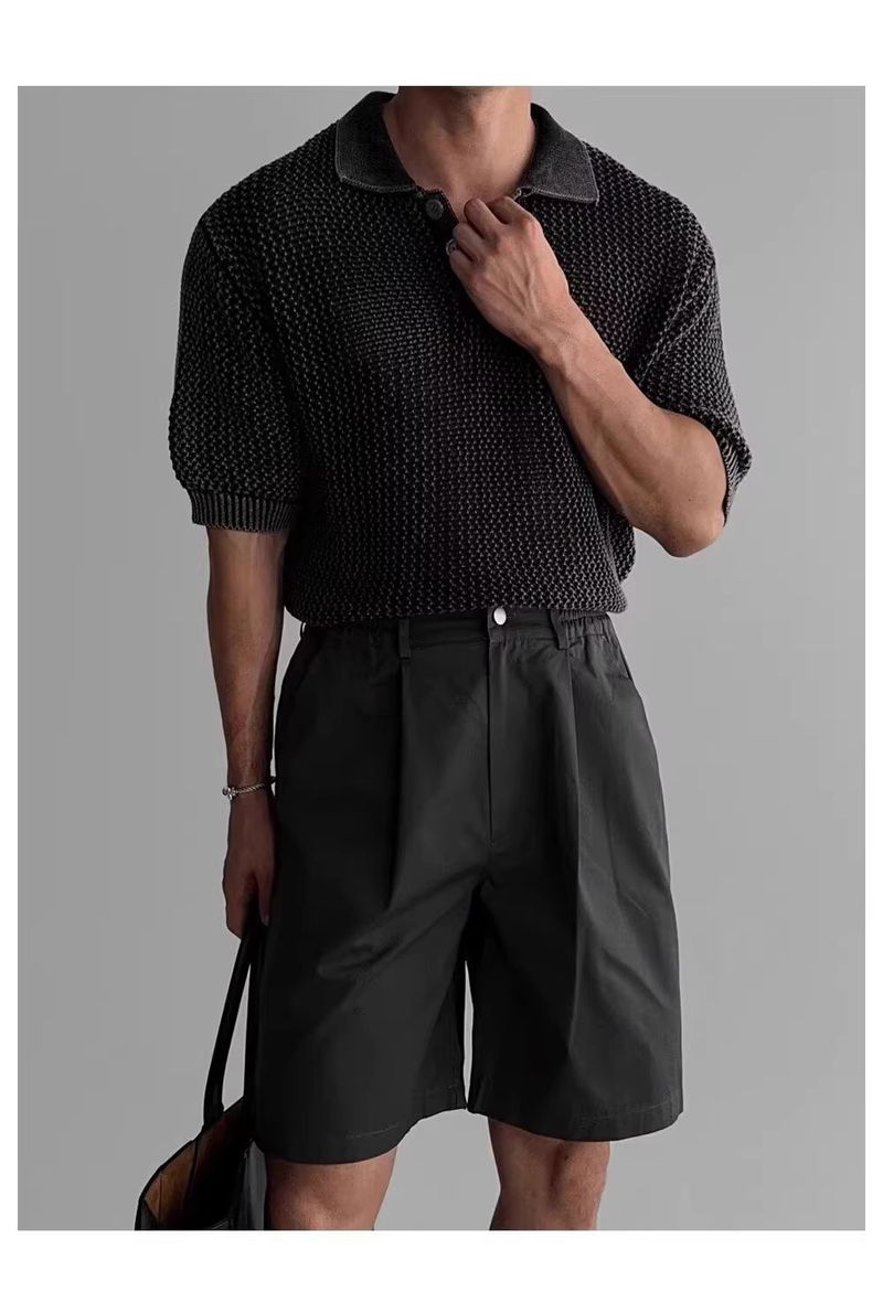 Maglione lavorato a maglia a maniche corte con risvolto, da uomo, in seta ghiacciata, a nido d'ape, con linea spessa, estivo_voghion.com