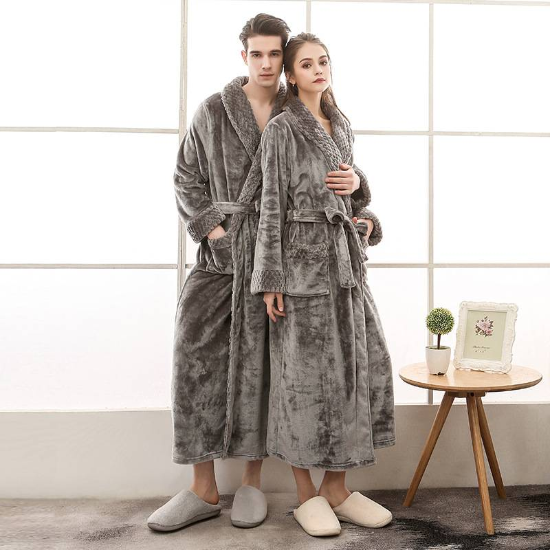Underwear & Sleepwears Autumn And Winter Large Size Flannel Couple Robes For Men And Women Velvet Splicing Thickened And Lengthened Bathrobes_voghion.com