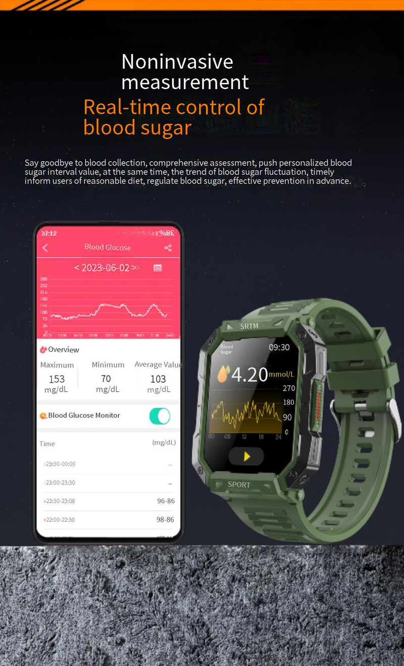 F307 Outdoor Triple Proof Smart Watch Bluetooth Chiamata Cardiofrequenzimetro Braccialetto Sportivo 2.1 Pollici Glicemia Non Invasiva_voghion.com