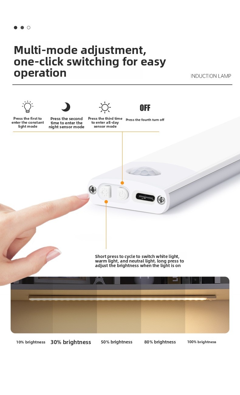 Luce LED ultrasottile con sensore di movimento intelligente - Striscia magnetica e adesiva per armadi e cantine (ricaricabile, 3 modalità di illuminazione)_voghion.com