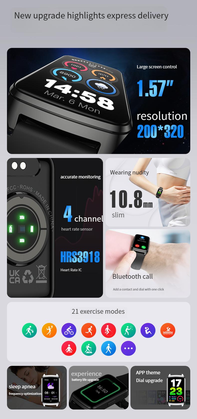 Inteligentne zegarki Baiyimei P121 1,57-calowy inteligentny zegarek z pomiarem tętna, monitorowaniem poziomu tlenu we krwi, sportowym zegarkiem Bluetooth i funkcją połączeń telefonicznych_voghion.com