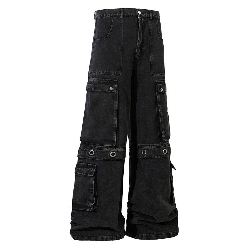 "Vintage Streetwear Distressed Loose Fit Wide Leg Jeans For Men & Women – High Waist Straight Leg Denim Pants With Drop Crotch & Multi-Pockets"_voghion.com