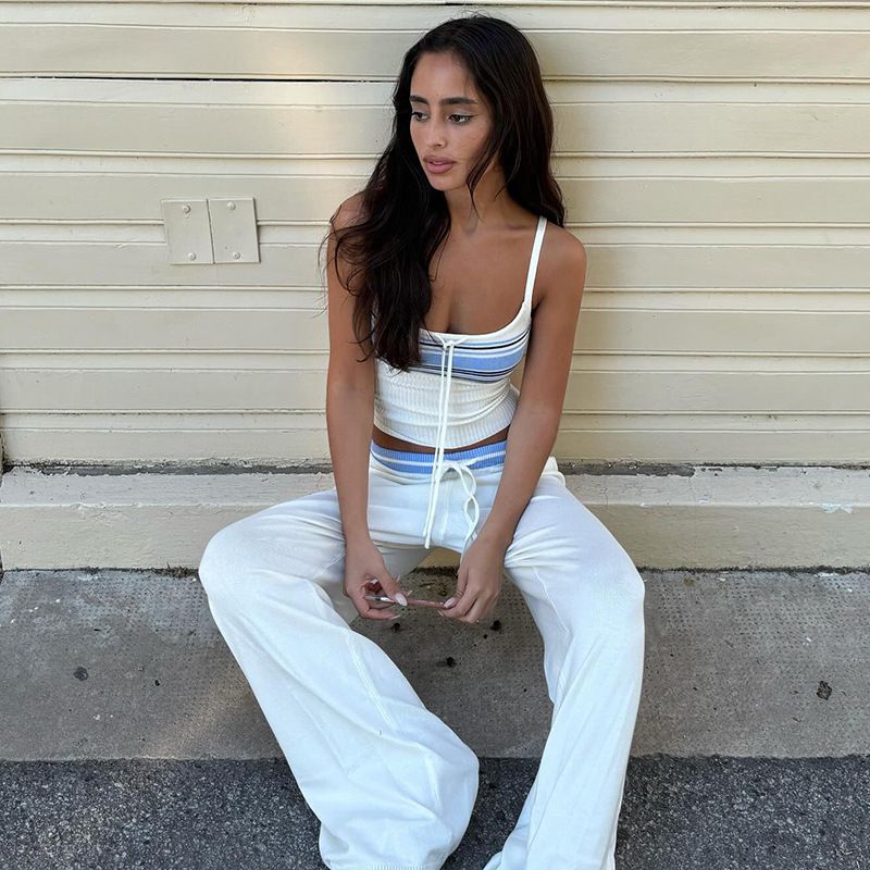 Retro Striped Knit Set – Sleeveless Crop Top + Wide-Leg Tie-Waist Pants (S-L, Summer Y2K Aesthetic)_voghion.com