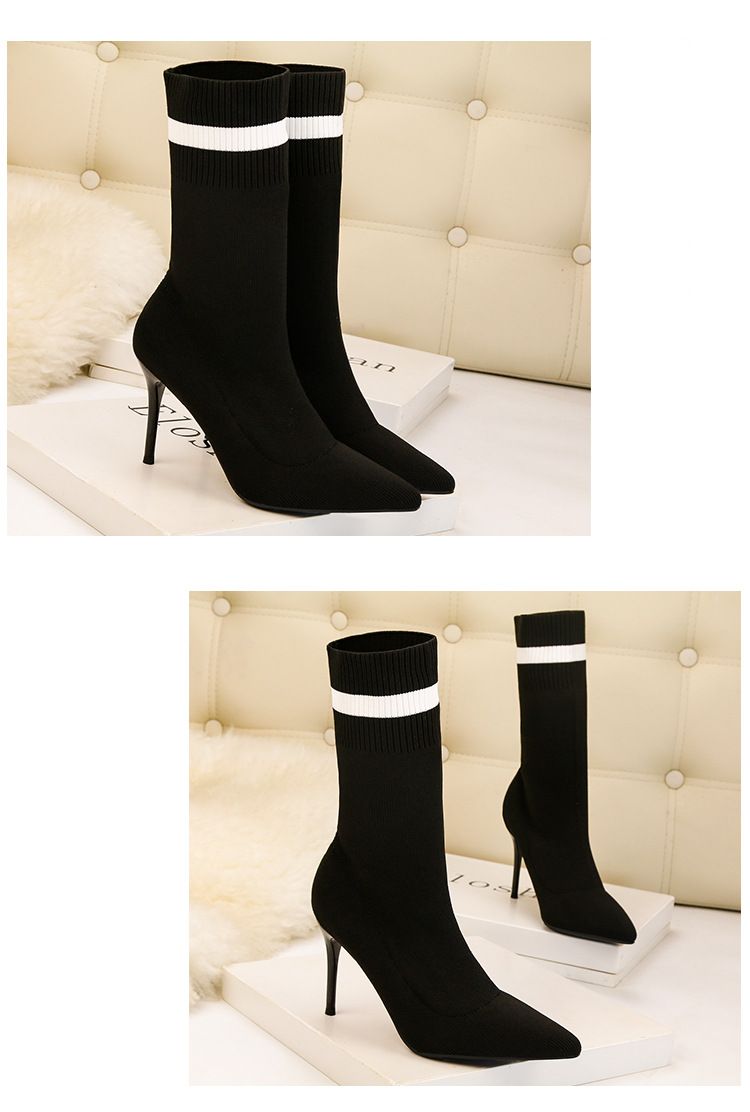 608-4 Efterår Vinter Spidse Bare Og Slanke Elastiske Hæle Strikkede Sokker Støvler, Tynde Hæle, Korte Støvler_voghion.com