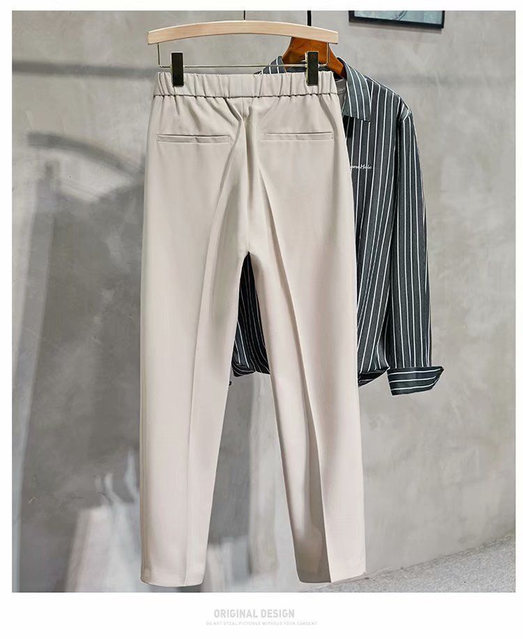 Pantalon de costume pour homme avec cordon de serrage et taille élastique, petit pantalon de costume en coton simple pour homme, pantalon décontracté, couleur unie, pantalon de costume à neuf points_voghion.com