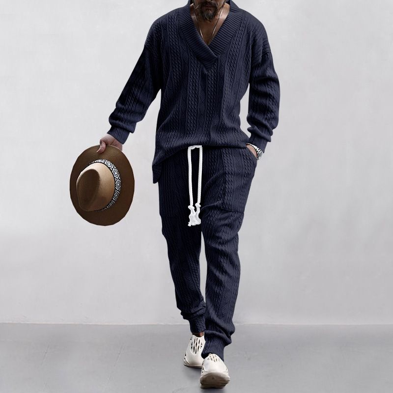 2 Fashionable Men's Casual Trousers V-neck Versatile Jacquard Knitted Sweater Men's Autumn Suit_voghion.com