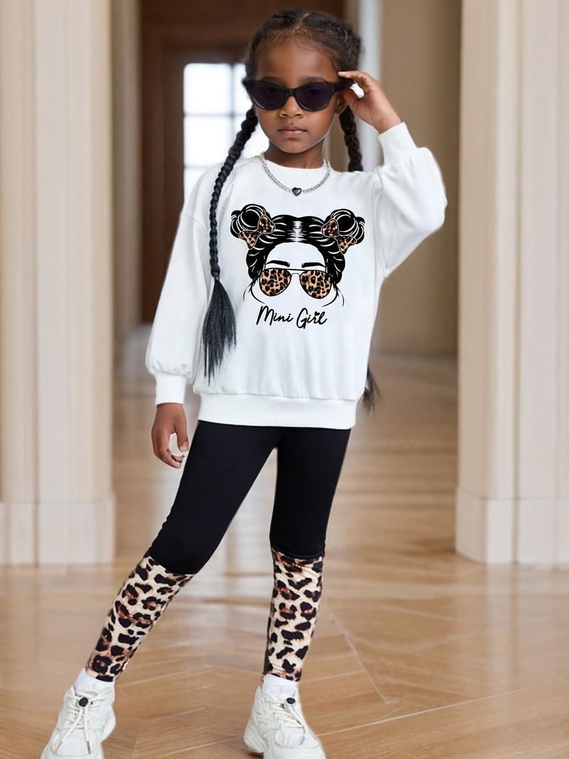 Kinderkleidung für Mädchen, Herbstmuster, Rundhalsausschnitt, langärmliger Pullover, enge 9-Punkt-Hose, modischer, lässiger zweiteiliger Anzug_voghion.com
