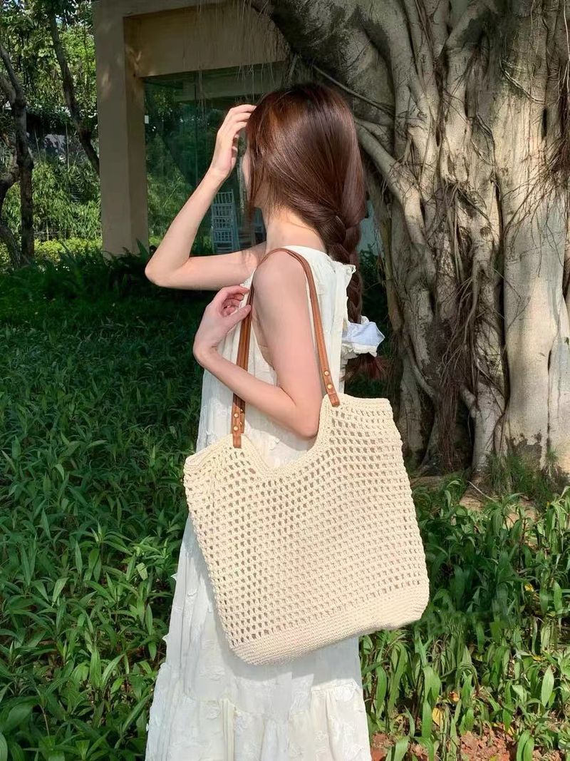 Borsa a mano versatile da donna, in maglia, colore caffè, per autunno e inverno, grande capacità, in filato intrecciato_voghion.com