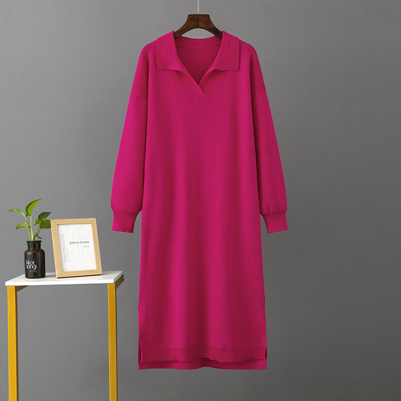 Women's Clothing autumn and winter new Polo collar bottoming knitted dress loose large size solid color ladies dress_voghion.com