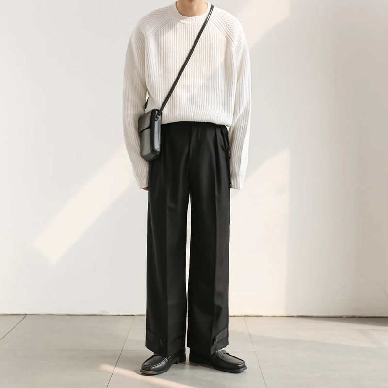 Minimalist Büyük Boy Yuvarlak Yaka Kazak - Kırışmaz Polyester Karışımı, Unisex, Katmanlı Giymeye Uygun (Siyah/Beyaz, M-XXL)_voghion.com