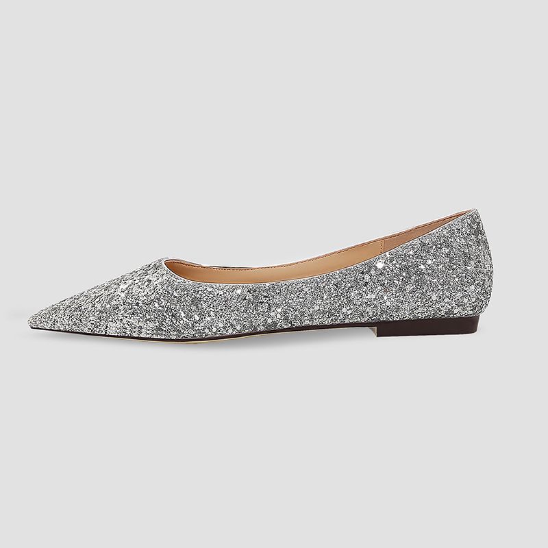 2024 new autumn pointed flat single shoes for women, champagne gold silver bridesmaid shoes, fairy style, can be worn on_voghion.com
