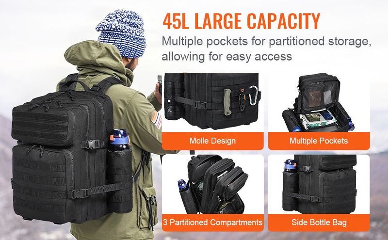 Tactical Backpack 45L Military Backpack With Molle Mode & 3 Compartments, Military Tactical Backpack For Men Molle Daypack 3 Day Bug Out Bag Hiking Rucksack With Bottle Holder_voghion.com