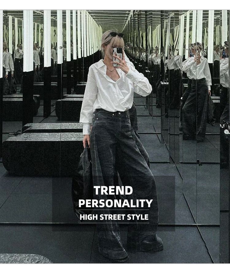 men's and women's washed distressed trousers, the same style for men and women, high street texture couple water rippled bootcut jeans_voghion.com