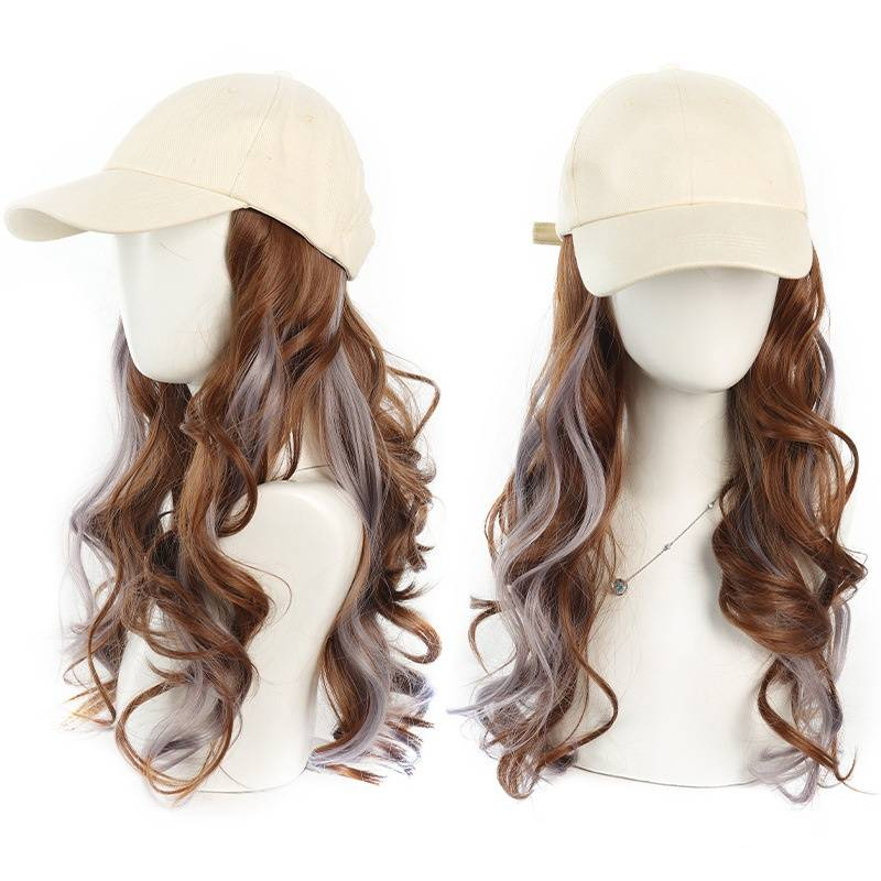 Haarverlängerungen Mode Hut Perücke weibliche lange lockige Haare Highlight Fox Stickerei Baseball-Mütze mit Perücke_voghion.com