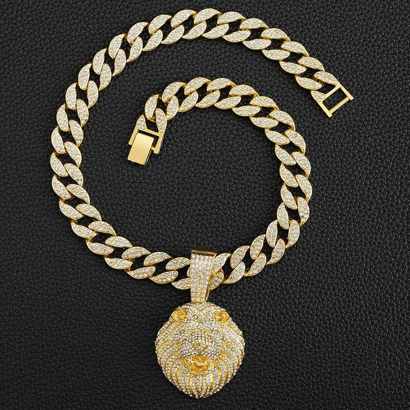 Cool Full Dia Personality Three Dimensional Lion Head Pendant Cuban Necklace Street Hip Hop Style_voghion.com