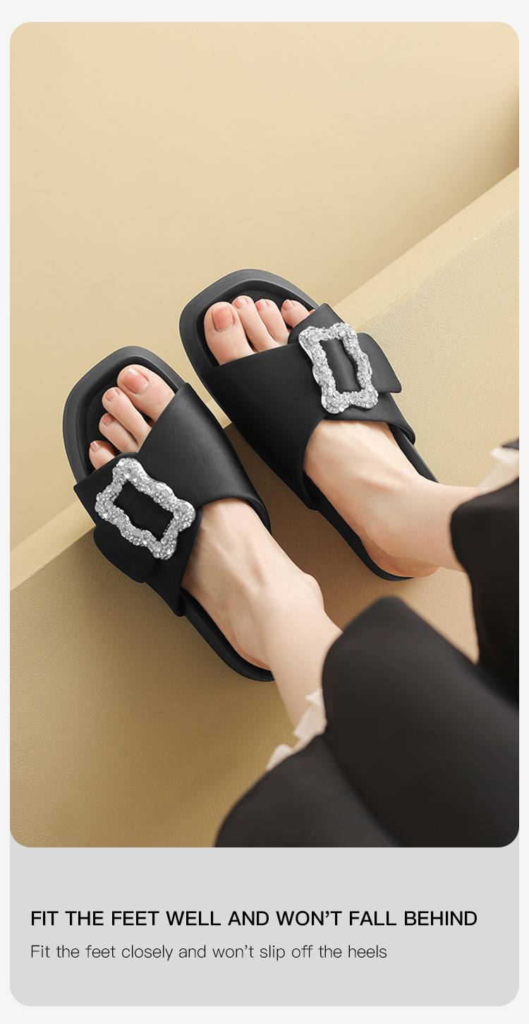 Cameido Sandali Pantofola Aperti da Donna con Fibbie Quadrate in Strass. Adatte per l'uso all'aperto, queste sono pantofole piatte casual in un look alla moda._voghion.com