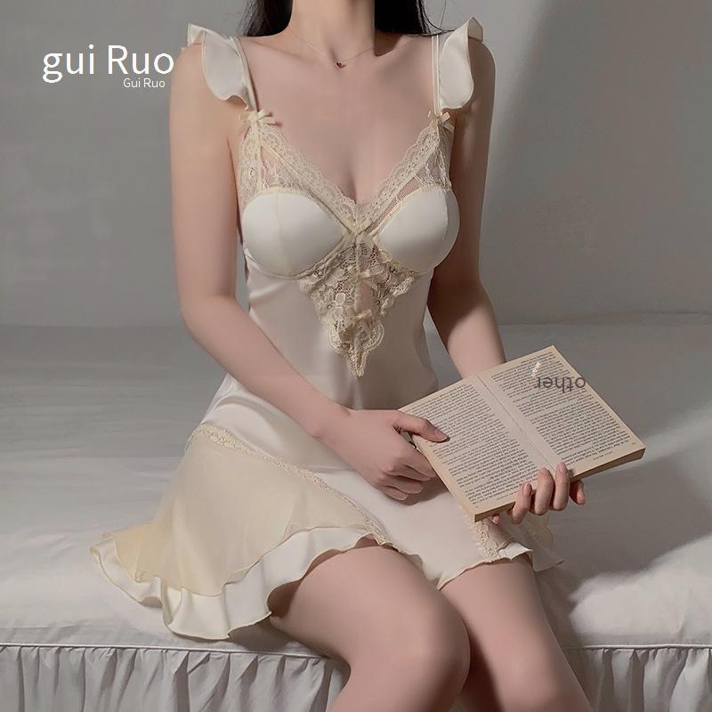 Women's Sexy Lingerie Patchwork Gathered Chest Pad Suspender Nightdress Open Front Robe Home Clothes Suit_voghion.com