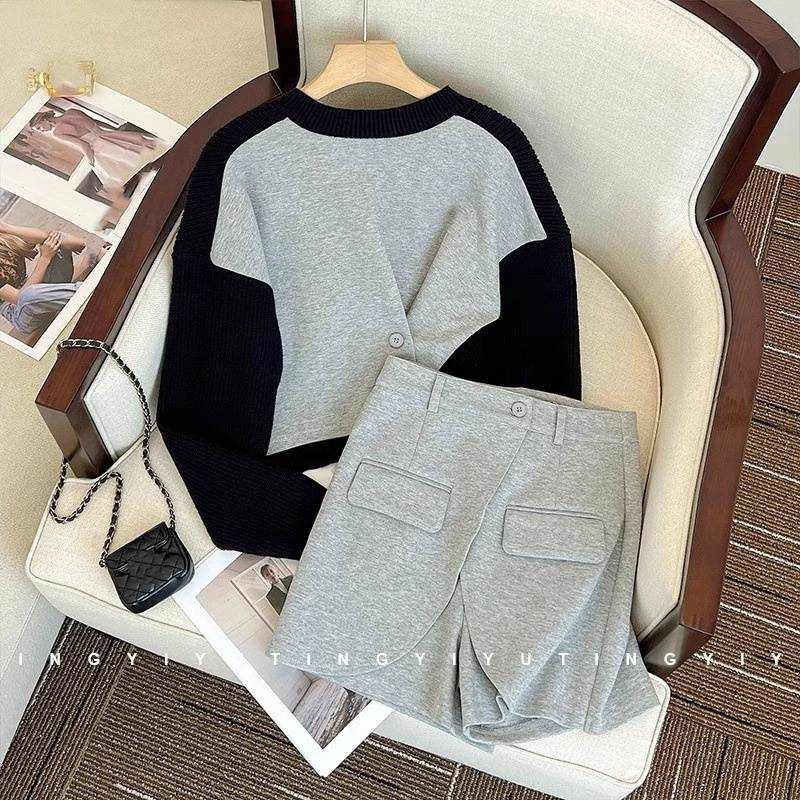 Roupas femininas, terno casual original da moda, suéter feminino com emenda, shorts, terno de duas peças_voghion.com