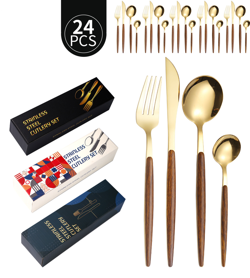 Set di posate in acciaio inossidabile da 24 pezzi - Coltelli e forchette da bistecca in acciaio 430 con manico in legno retrò_voghion.com