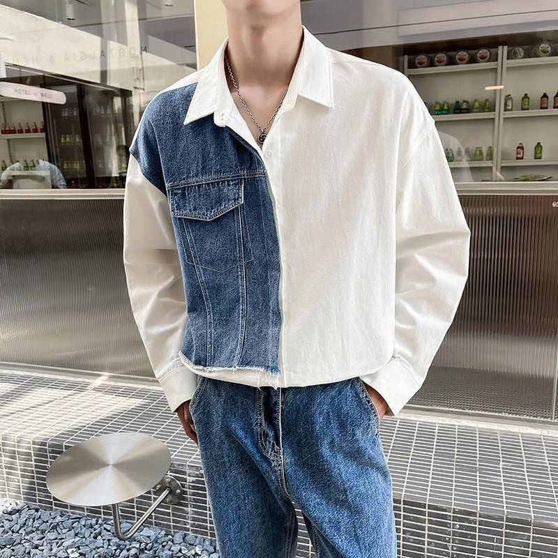 Herrenbekleidung Frühling und Herbst Neues Langarmhemd Lässiges lockeres kleines Design Kontrastfarbe Splicing Jeanshemd_voghion.com