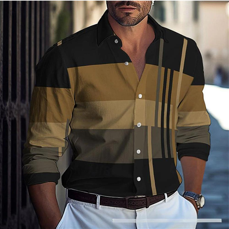 Camicia a maniche lunghe multicolore con risvolto casual da uomo, stampata e alla moda_voghion.com