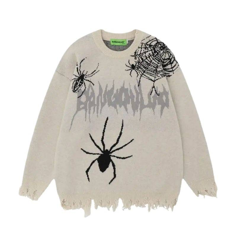 Herrenbekleidung Herren- und Damen-College-Pullover mit Rundhalsausschnitt – Street-Hip-Hop-Strickpullover im Spider-Distressed-Design für Teenager und junge Erwachsene_voghion.com